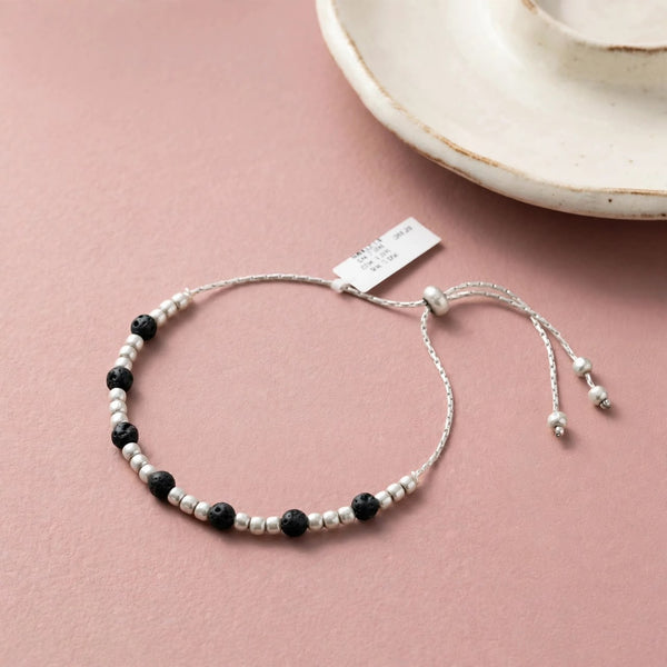IndiaSilvo 925 Silver Adjustable Anklet Bracelet for Women - Black Lava Beads | 2-in-1 Payal & Bracelet | Evil Eye Protection
