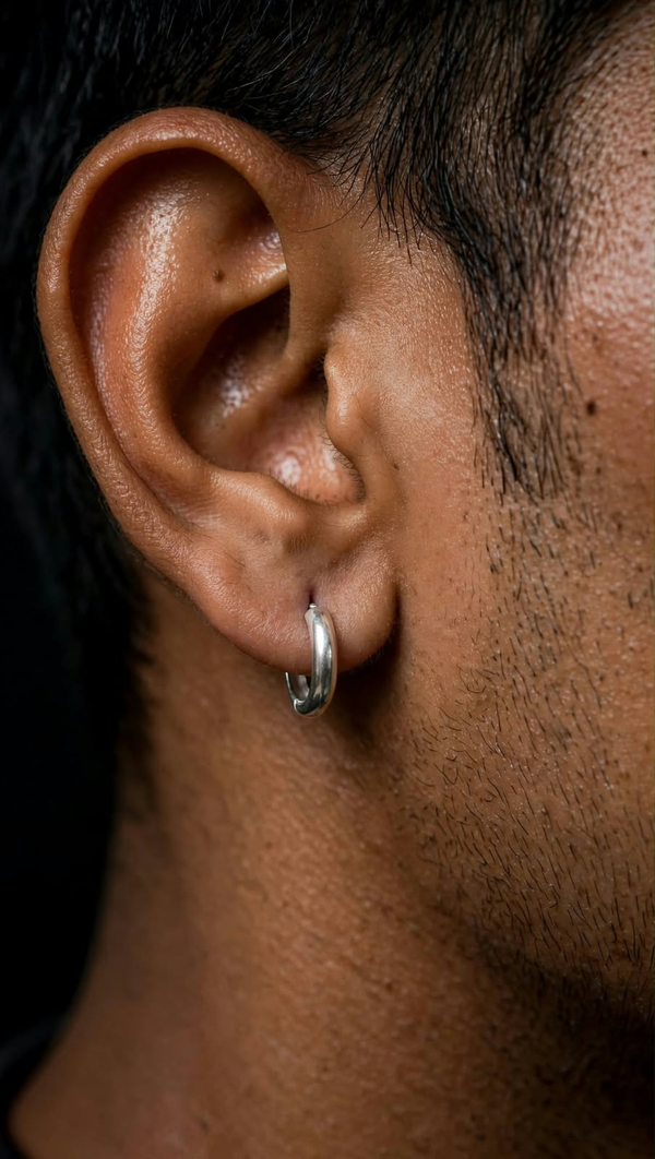Indiasilvo Classic Hoop Bali Earring for Men - 925 Sterling Silver worn on ear
