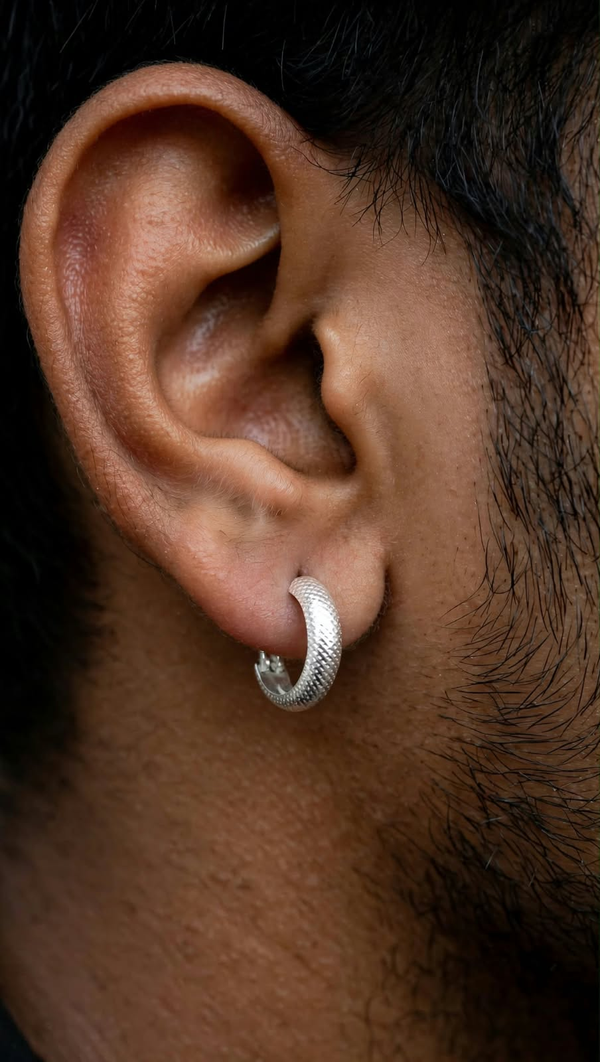 Indiasilvo Diamond Cut Hoop Bali Earring for Men - 925 Sterling Silver textured design worn on ear